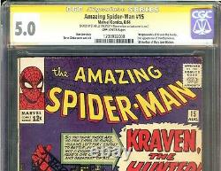 Amazing Spider-Man #15 CGC 5.0 Signed Stan Lee first app Kraven Marvel 1964