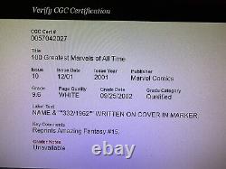 Graded CGC 9.6 NM+ Stan Lee signed 100 Greatest Marvels of All Time #10, White