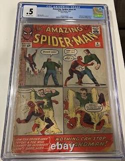 1963 Marvel Comics Amazing Spider-Man 4 CGC 0,5 1ère apparition de Sandman Silver Age, OW
		 	<br/><br/>	(Note: 'OW' is not translated as it likely refers to the comic's page quality, which is a common grading term in the comic book industry)