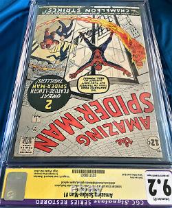 Amazing Spider-man #1 Cgc 9.2 Restauré Ss 1963 Stan Lee Signature Comic Book