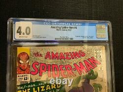 Amazing Spider-man #6 (marvel Comics) Cgc 4.0 1re Apparence Lizard! M. Stan Lee