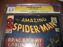 L'homme-araignée Incroyable #27 Cgc 3.5 Signé Par Stan Lee Marvel, 1965, Goblin Vert