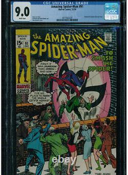 L'incroyable Spider-man #91 Cgc 9.0 Pages blanches 1970 Stan Lee Début de l'Âge de Bronze Marvel