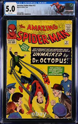 Spider-Man étonnant n°12 (1964) CGC 5.0, boîtier sur mesure! Blanc! 3ème Dr. Octopus