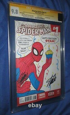 Spiderman #1 Cgc 9.8 Ss Signé Stan Lee À L'anniversaireart Original Amanda Conner
