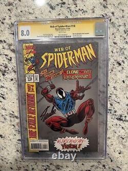 To translate this title in French, you can say: 'Toile de Spider-Man #118 CGC 8.0 SS Signée par Stan Lee 1ère apparition de Scarlet Spider Grail'