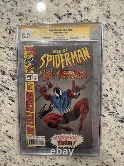 To translate this title in French, you can say: 'Toile de Spider-Man #118 CGC 8.0 SS Signée par Stan Lee 1ère apparition de Scarlet Spider Grail'